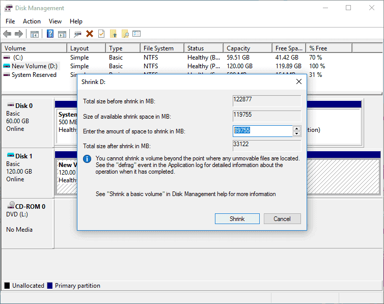 resize partition Windows 10